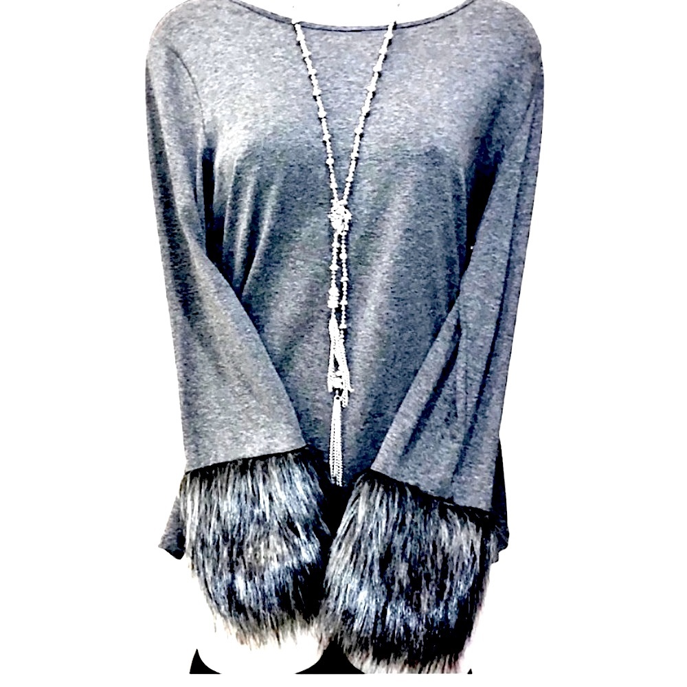 Vince Camuto Faux Fur Trim Long Sleeve Top Blouse Gray Medium Preppy Evening
